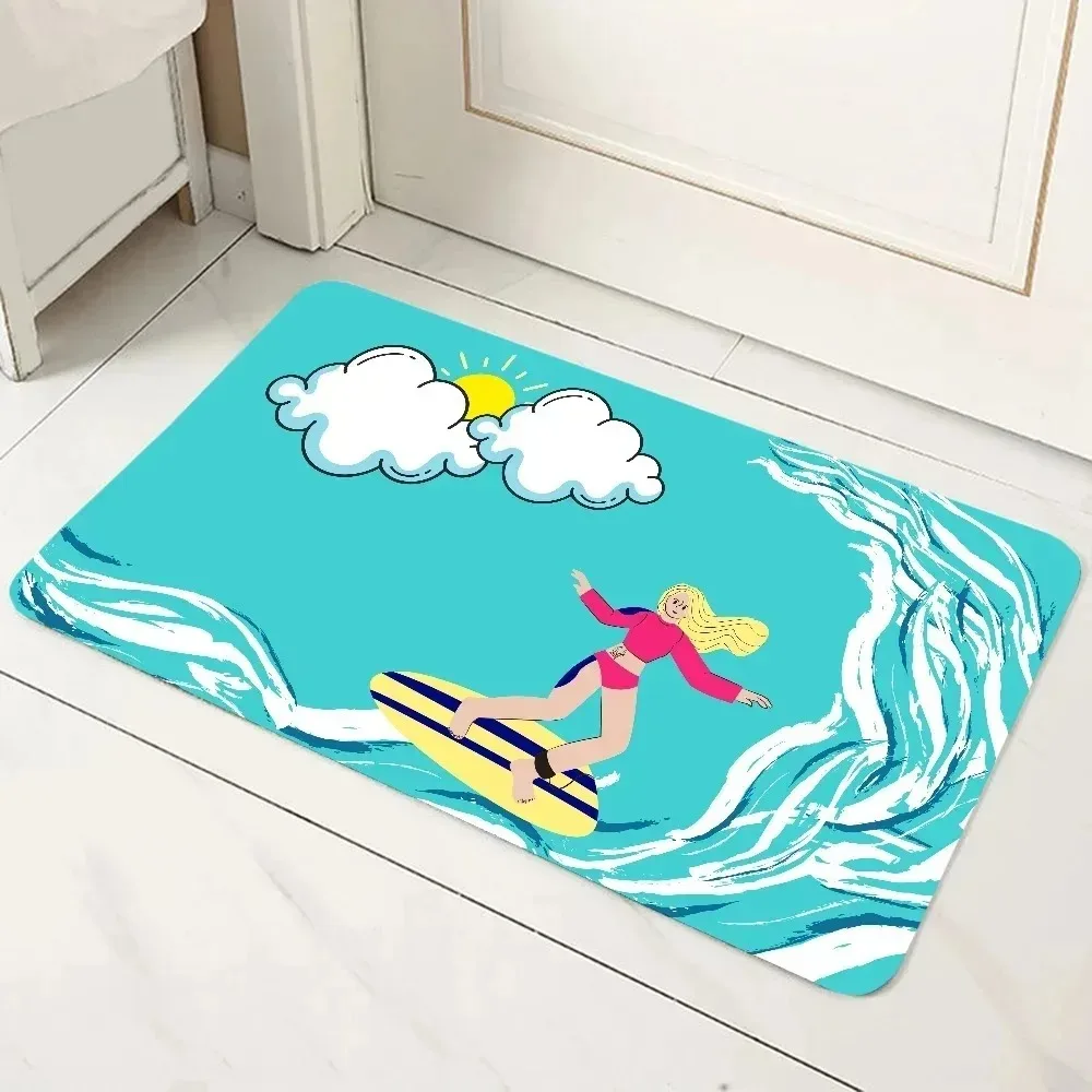 Summer Beach Door Mat with Surfing Girl and Tropical Scenery Colorful Cartoon Design Rug Protector for Home Bathroom and Bedroom