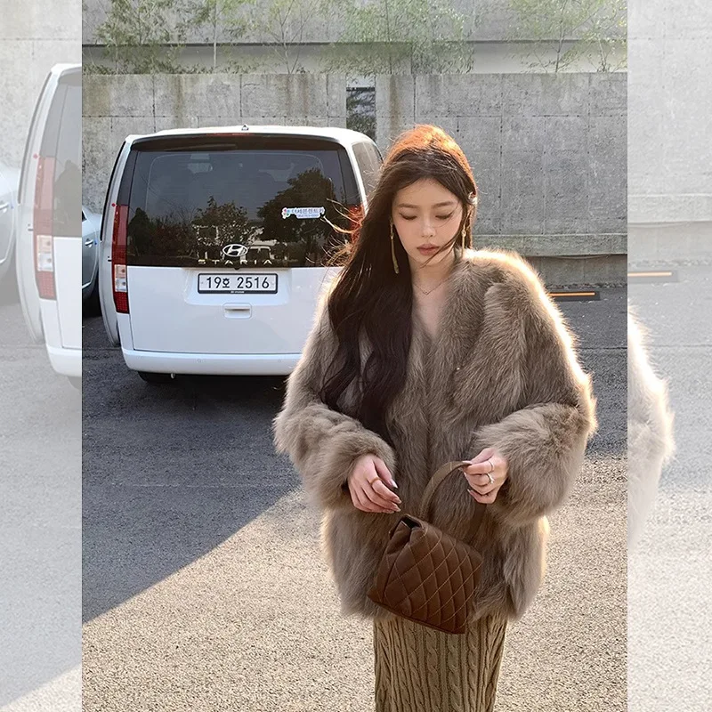 معاطف الفرو الصناعي سترات نسائية من الفرو الصلبة الخامس الرقبة المفتوحة غرزة طويلة الأكمام سميكة الدافئة الفراء فضفاضة مكتب سيدة عادية 2025 الخريف الشتاء #3