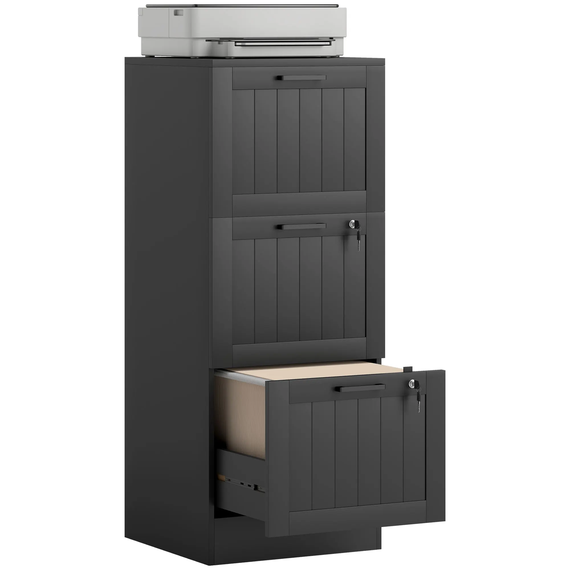HOMCOM Mueble Archivador con 3 Cajones Cajonera para Escritorio con Cerraduras Carpetas para A4 y Carta 40x40x101 cm Negro