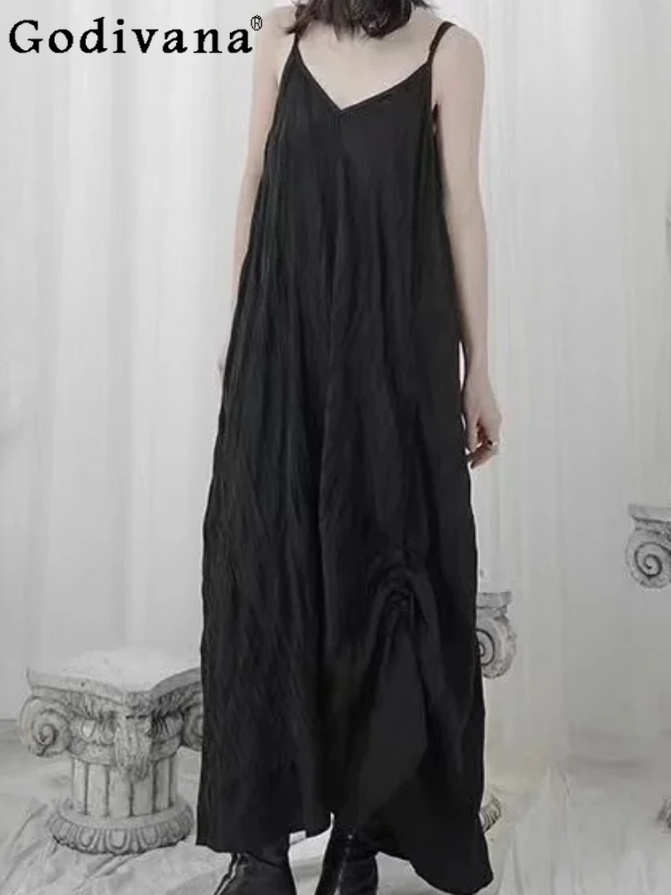 

Dark Summer New Pleated Sexy V-neck Solid Color Long Suspender Dress Girl Chic Loose A-line Temperament Black Strapless Dresses