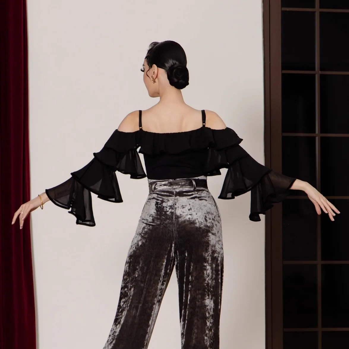 Roupas de dança moderna sexy malha fora do ombro plissado topo chacha tango valsa latina trajes prática dança de salão usar dn22223