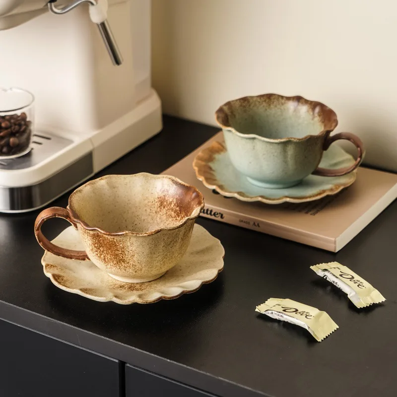 260ml Kiln Glazed Coffee Cup Dish Sets French Retro Ceramic Home Afternoon Tea Mug Tray Light Luxury Coffee Cup Plate Set