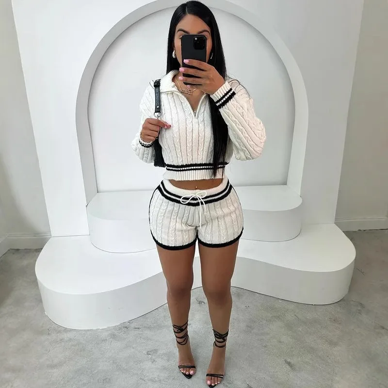

Women Striped Patchwork Knitted Sweaters 2 Piece Set Zipper Turn Down Collar Long Sleeve Pullovers Crop Top + Shorts Suits