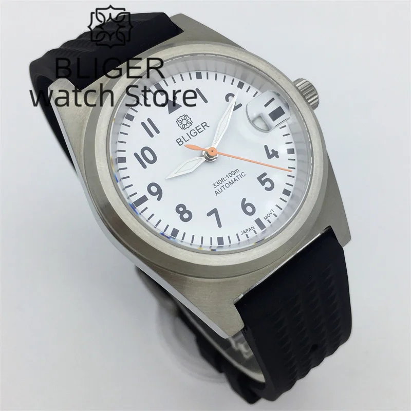 BLIGER NH35A PT5000 Automatic Watch For Men 38mm Brushed Case Sapphire Glass Black White Blue Green Dial Luminous Rubber Strap