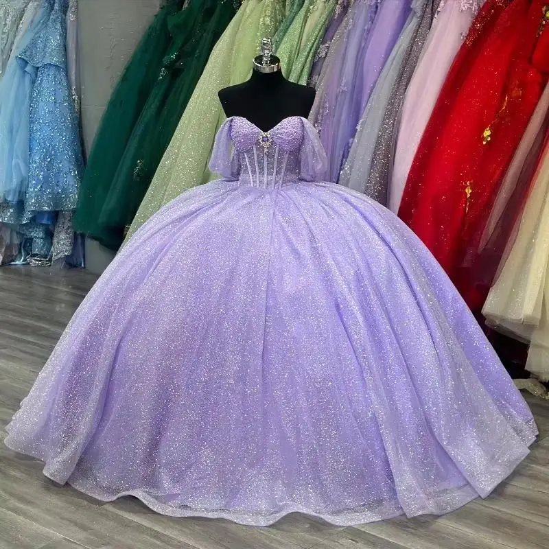 Vestido De quinceañera De lavanda brillante personalizado con cuentas De corazón De cristal dulce 16 Vestido De fiesta De cumpleaños Vestido De 15 Anos