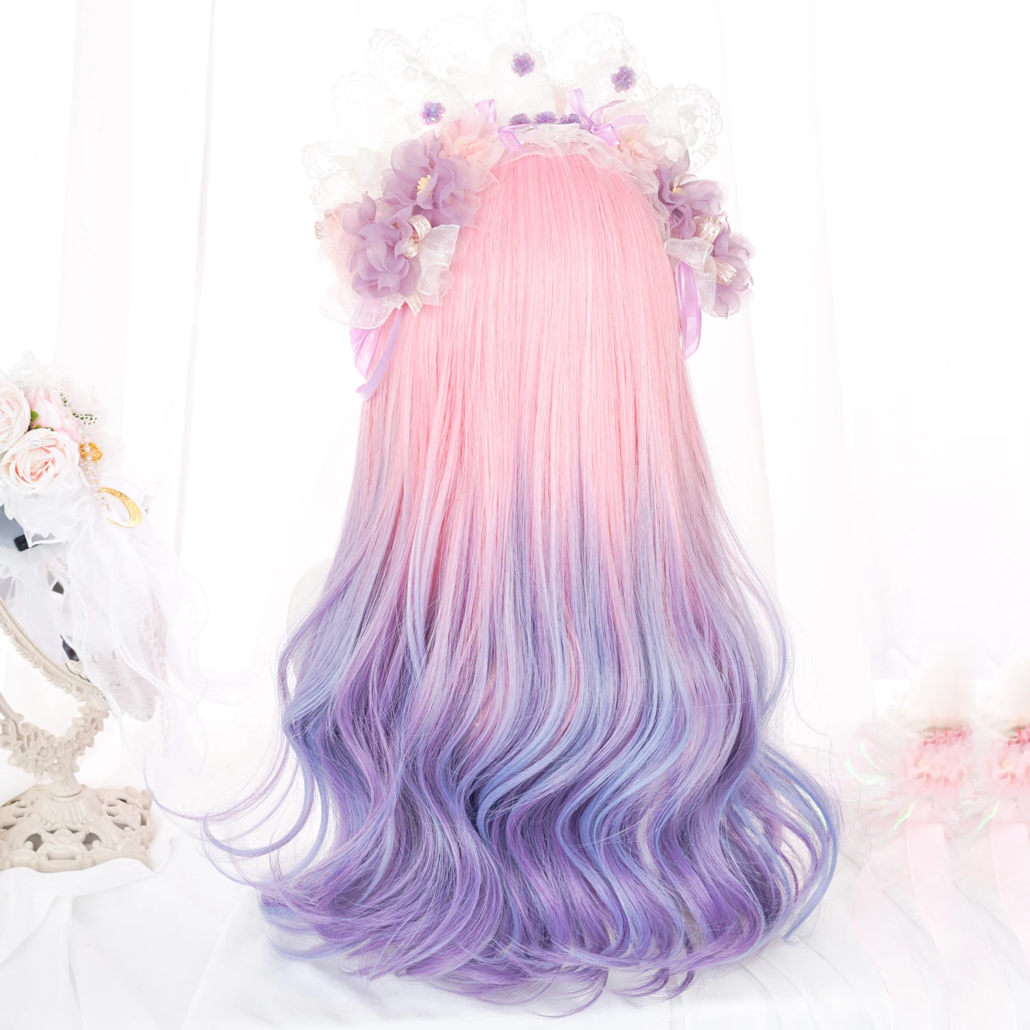 HANEROU Synthetic Cosplay Wigs Ombre Pink And Purple Lolita Wigs for Women With Bang Daily Party Heat Resistant