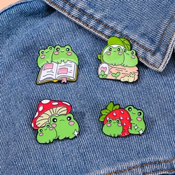 Kawaii Cute Cartoon Book Strawberry Mushroom Frog Couple Enamel Pins Brooches For Backpack Jewelry