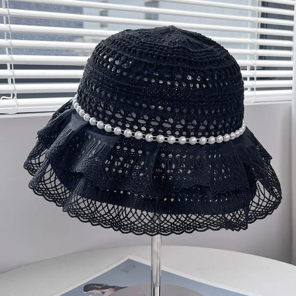 Hollow Knit Texture Bucket Hat Pearl Decor Foldable Design Sun Hat Anti-UV Fabric Lightweight Material Fisherman Hat