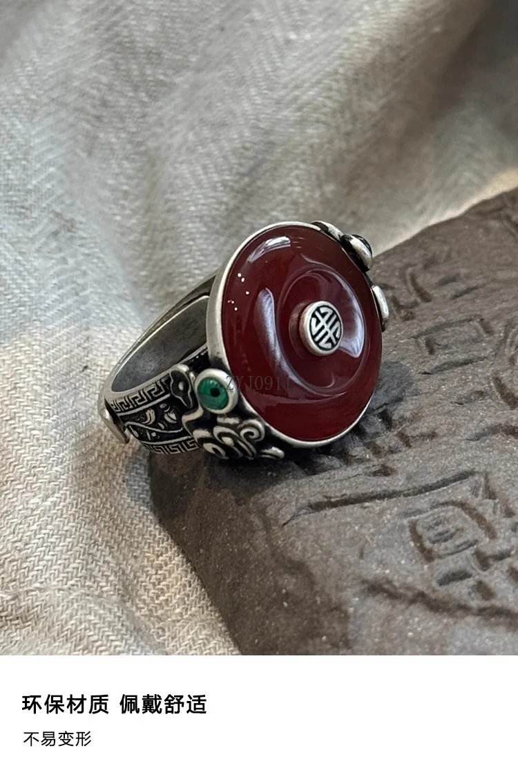 925 prata ágata fivela de segurança anel feminino retro novo estilo literário chinês e étnico jóias