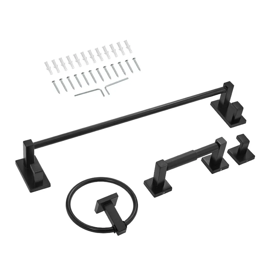

Matte Black Bathroom Hardware Set 4-Piece Stainless Steel Accessories Kit Includes 24-Inch Towel Bar Towel Ring Robe Hook and T