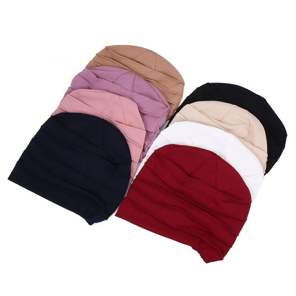 Soft Cotton Elastic Sleep Caps Beanies Chemo Hat Hair Loss Headscarf Head Wrap Women Turban Hat Muslim Colorful Hijabs