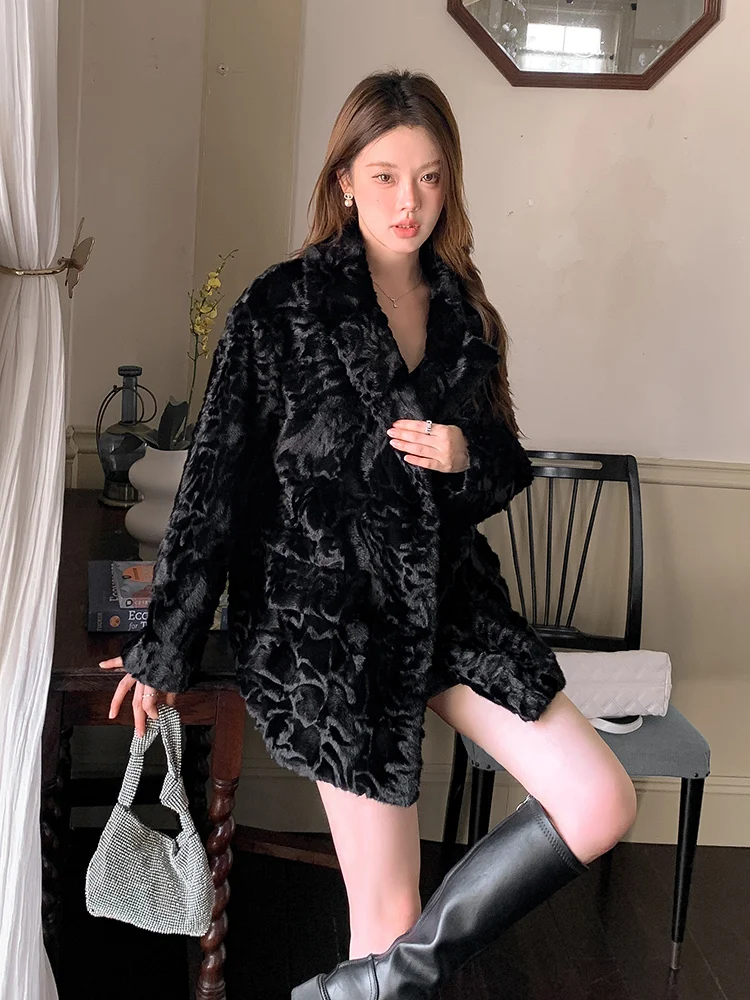 エコフレンドリーなレディースファーコート、ブララムウール、スーツカラー、プラウロングジャケット、スリ、秋冬新作、ユースファッション