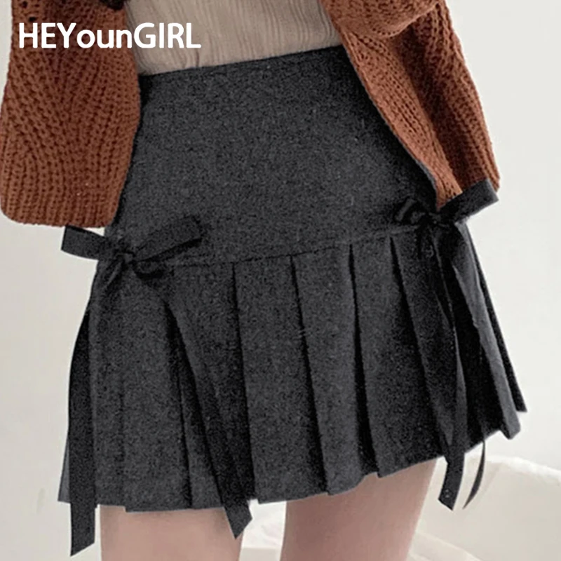 

HEYounGIRL Korean Girly Pleated Skirt with Bow Street Outfits Gray Japanese Style High Waist Short Skirt Preppy Casual Outfits