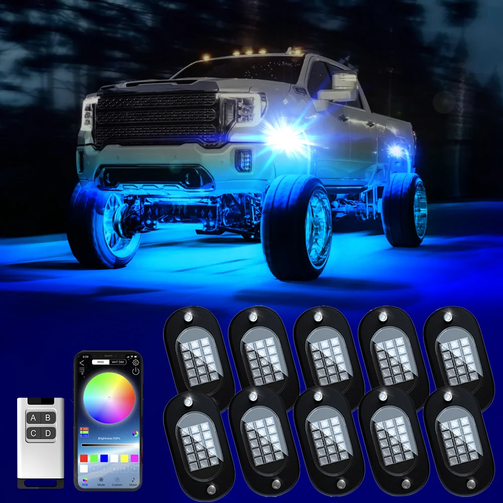 High-end RGB LED Car Rock Lights with APP/Remote Control High Bright Multilcolor Waterproof IP68 Rock Neon Light Kits for Pickup