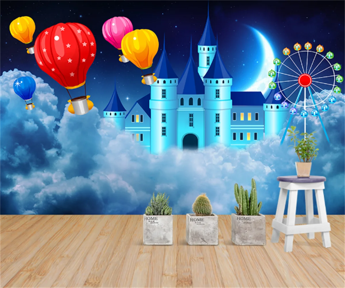 

Customized 3D any size children's room wallpaper mural blue fantasy hydrogen balloon castle amusement park background wall papel