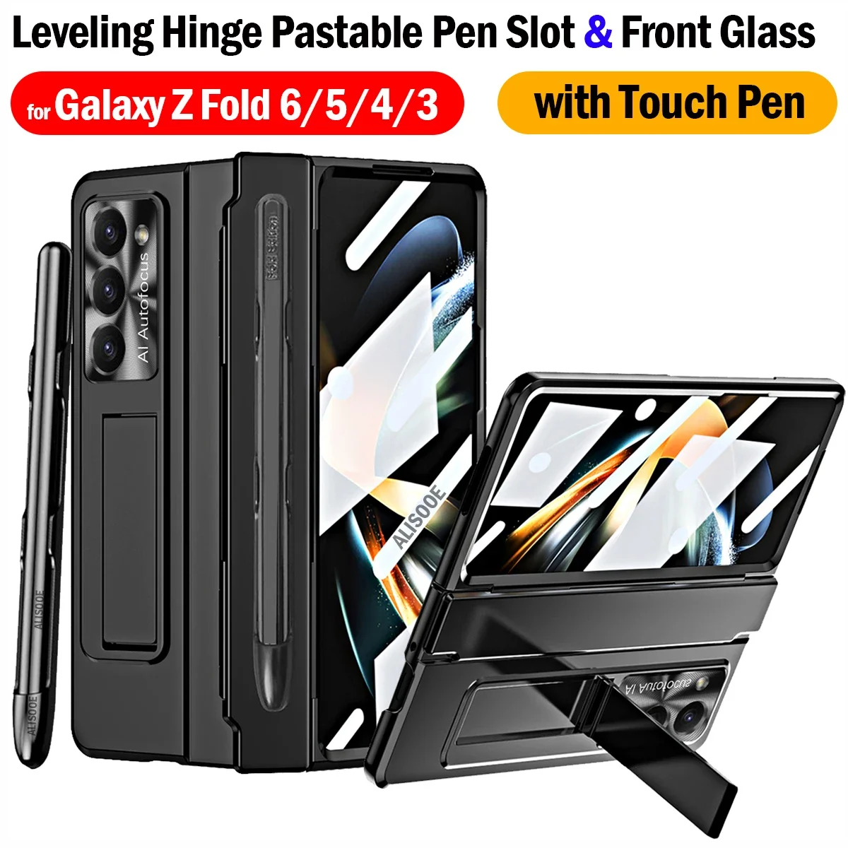 Leveling Hinge Capa for Samsung Galaxy Z Fold 6 Fold 5 4 3 Case Pastable Pen slot Kickstand PC Cover with Front Glass Funda