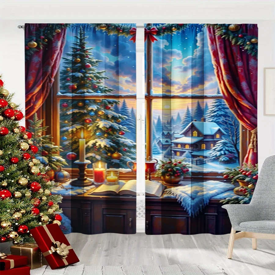 2PCS Christmas Winter Curtains, Window Night Tree Candle Book Snow Cabin, Digital Print, Bedroom Living Room, Home Decor