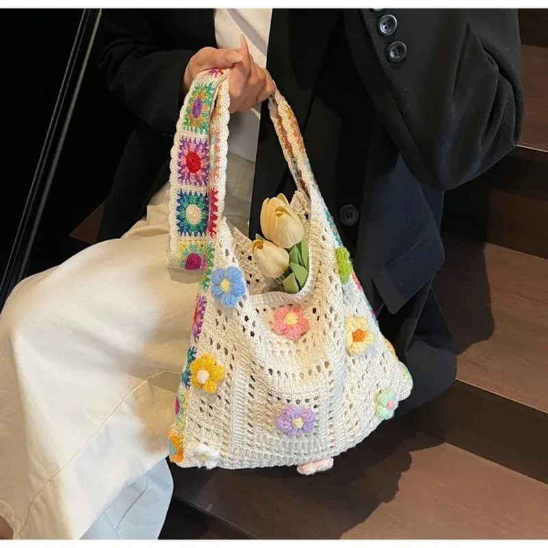 Summer Woven Bag Mesh Artistic Style Breathable Cool Feeling Bag Shoulder Bag Beach Vacation Cute Flower Handbag