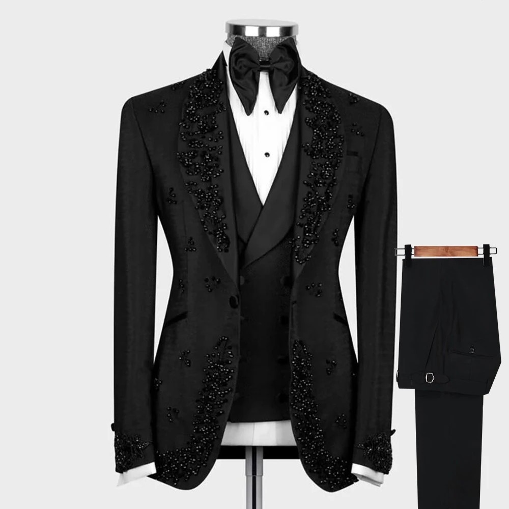 

Black Wedding Suits For Men Fit Slim Handmade Stone Beading Lapel Jacket Vest Pants 3 Pieces Groom Tuxedos Tailored Man Clothing