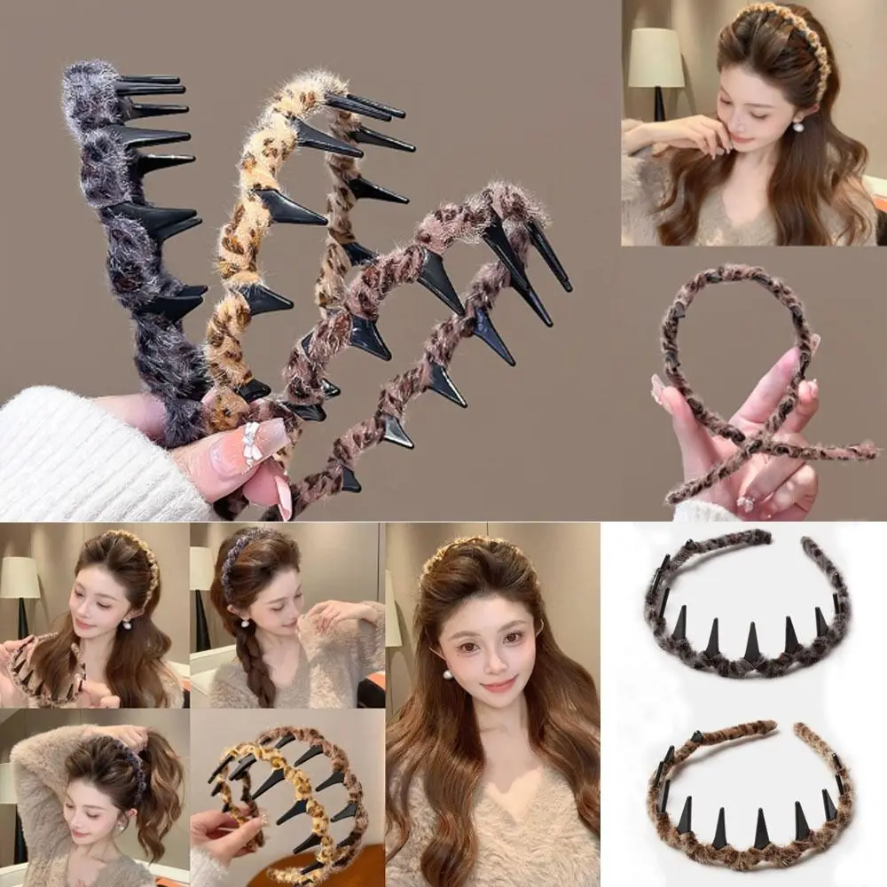 

High Elasticity Plush Teethed Hairband Leopard Pattern Anti Slip Hair Ornament Headband Vintage High Cranium Hairband