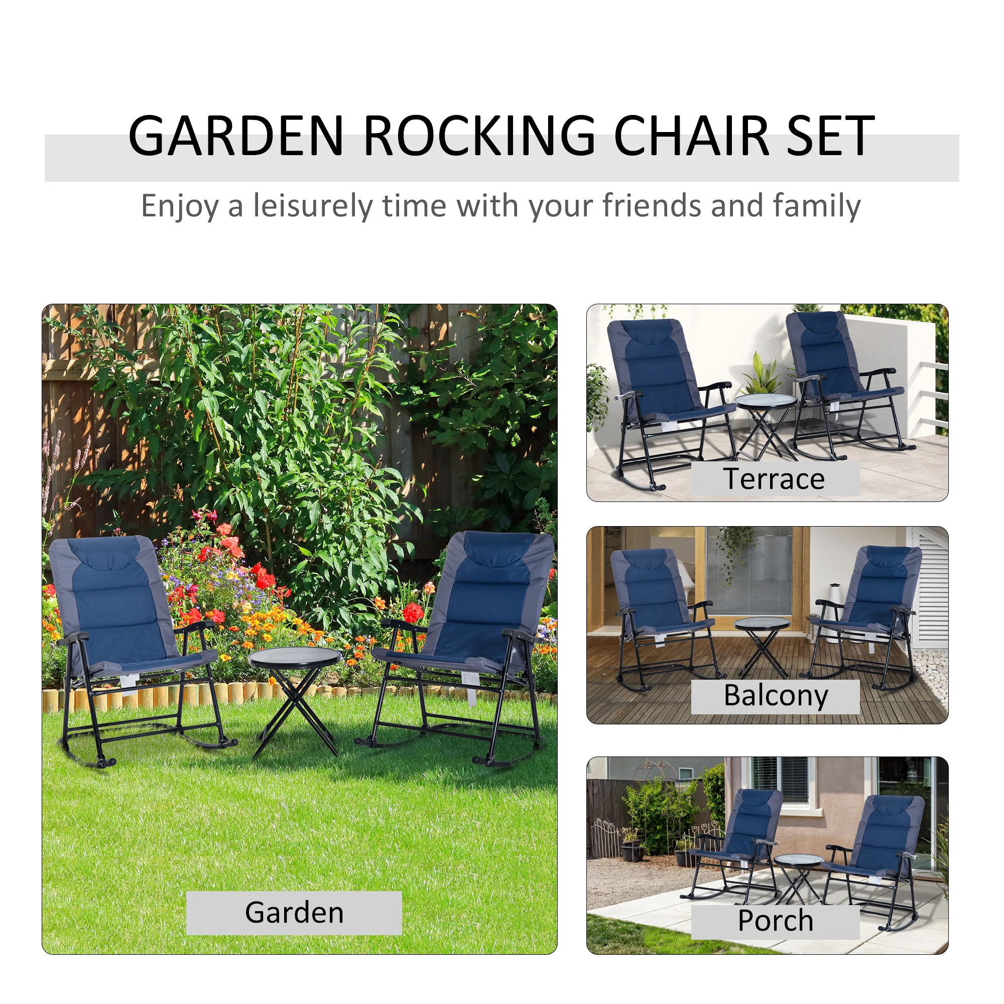 

Outsunny 3 Piece Outdoor Patio Furniture Set with Glass Coffee Table & 2 Folding Padded Rocking Chairs, Bistro Style for Porch,