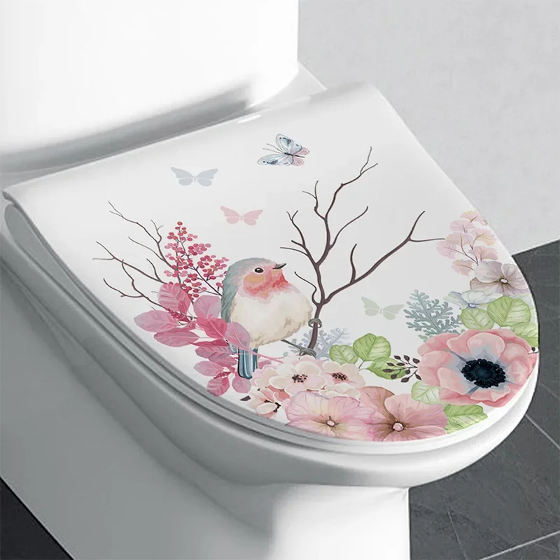 1pc PVC Toilet Lid Decal, Bird & Floral Pattern Toilet Stool Commode Sticker For Bathroom Toilet Sticker 2025 Christmas