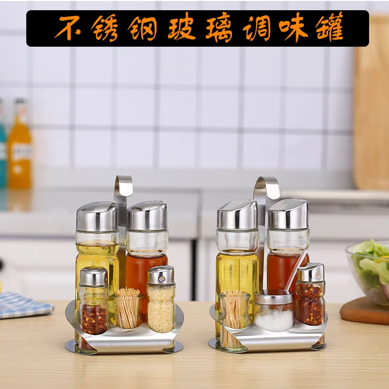 Stainless Steel Seasoning Jar Set Glass Seasoning Bottle Soy Sauce and Vinegar Pepper Dusting Powder Jar Restaurant Table Noodle