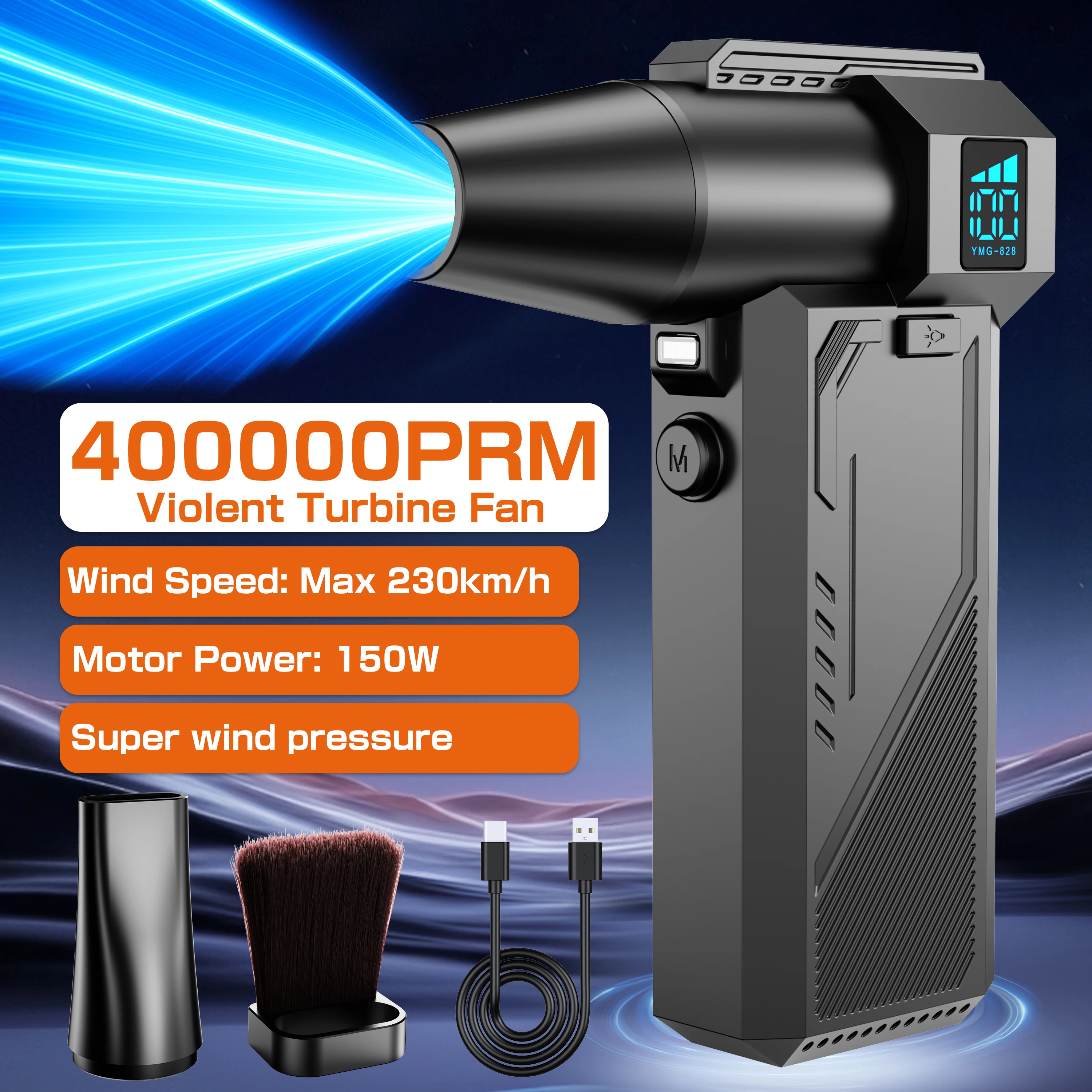 

High Speed Portable Handheld Turbo Jet Fan Type-C Charging 2025 Cleaning Blower Tool Powerful Air Blower With Brush Violent Fan