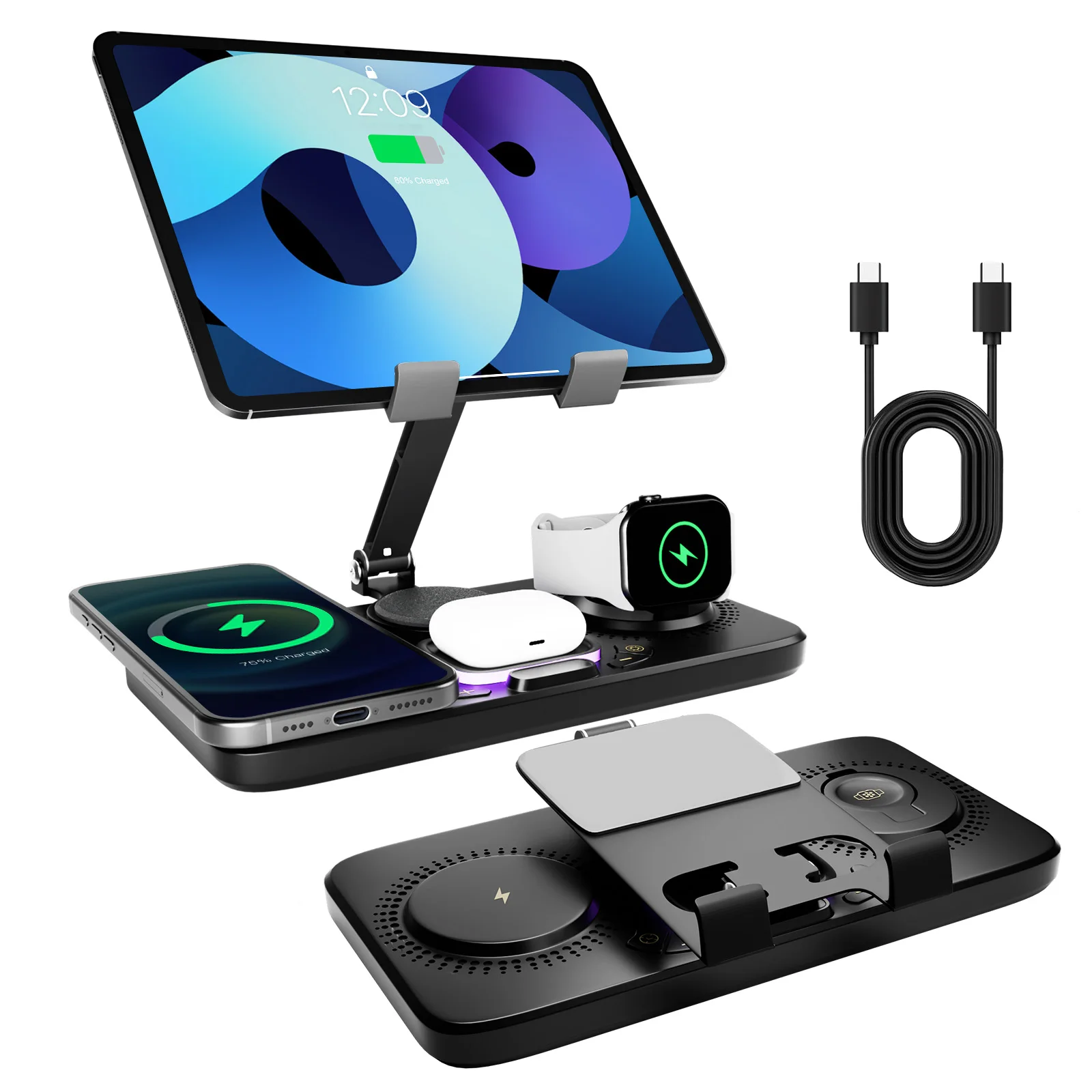 6 in 1 Wireless Charger Station Multiple Devices For iPhone iPad AirPods and Apple Watch-iPhone Fast Charge Night Lamp Clock
