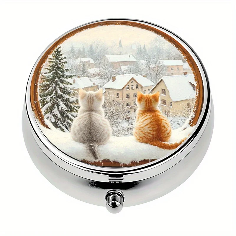 Single-Piece, Flat, Round Three-Compartment Design Box, Winter Wonderland Theme, Cat-Shaped Pattern Design, Portable Medicine Storage Box, Storage for Personal Aids and Daily Necessities, Elegant Design, Suitable for Gifting to Girls, Made of Durable Metal and Plastic Materials