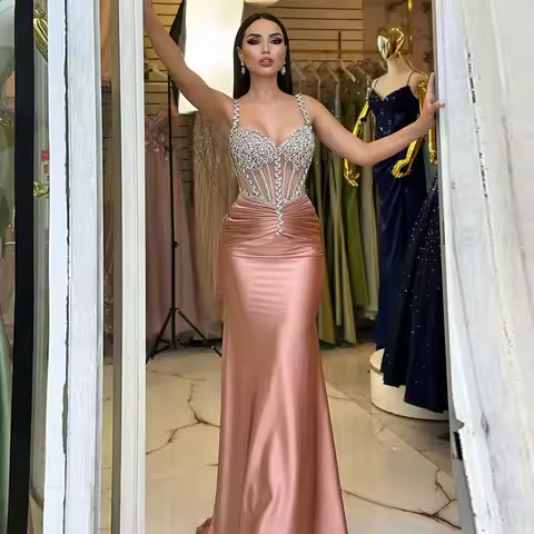 Luxurious Women's Evening Dresses Satin Mermaid/Trumpet Celebrity Dress Rose Pink Sweetheart Rhinestones/Crystals Prom Dress