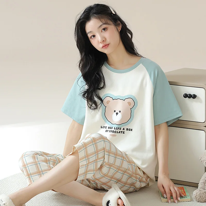 

New Pajamas Homewear Suit Women's Summer Short-Sleeved Long Pants Ladies Large Size Loose Leisure Homewear Two-Piece Set