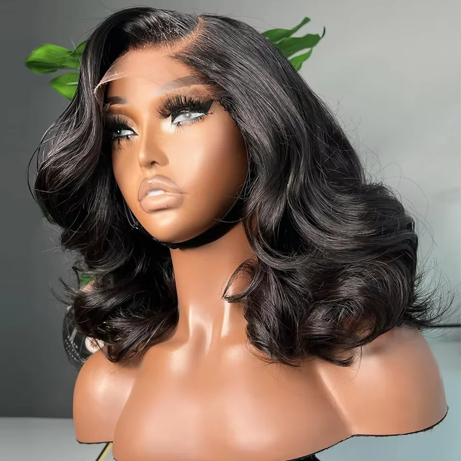 

Парик плотности 250, объемная волна, 13X4, прозрачный парик спереди, короткие парики из натуральных волос, бразильские натуральные черные полупарики для женщин