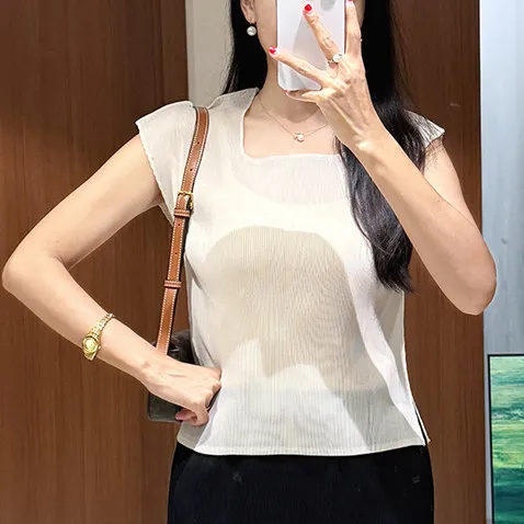 Miyake Pleated Multi Color Square Neck Pleated CapTop Oversize Breathable Elastic Casual Women's T-shirts and Polos Clothing