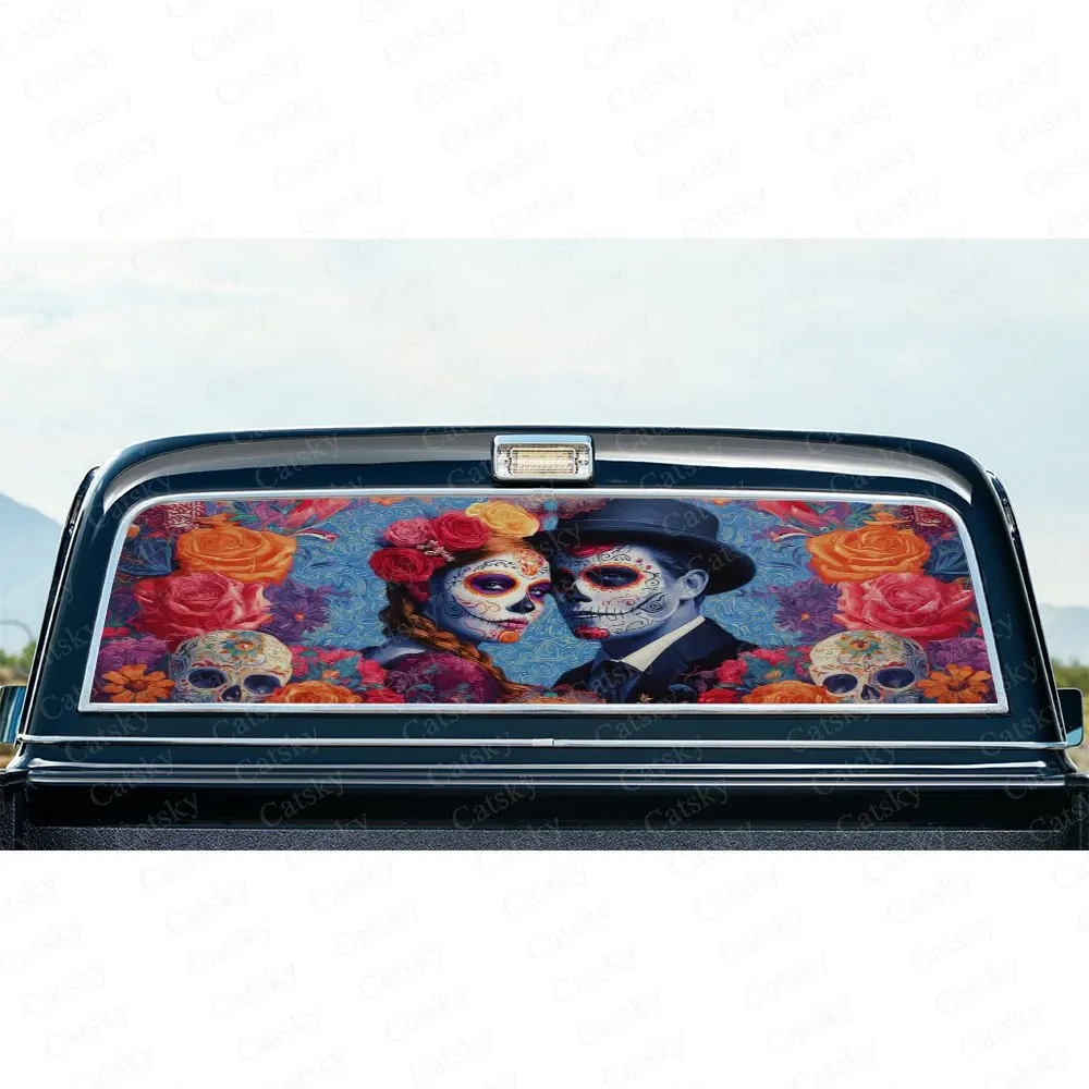 Day of the Dead Couple Retro Folk Pattern PVC Perforated Car Vinyl Wraps, Durable Car Rear Windshield Sticker, Waterproof Car Re