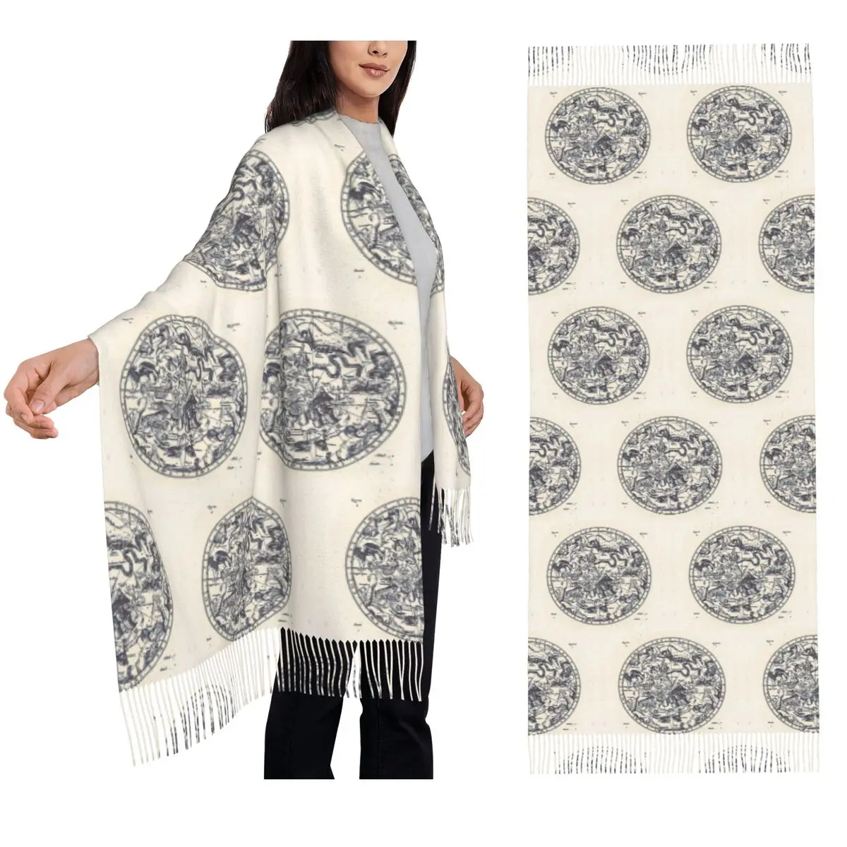 

Знак звезды зодиака, карта созвездия, чернила на бумажном шарфе, шарфы с кисточками для женщин, шали и накидки, длинная осенне-зимняя шаль, накидка