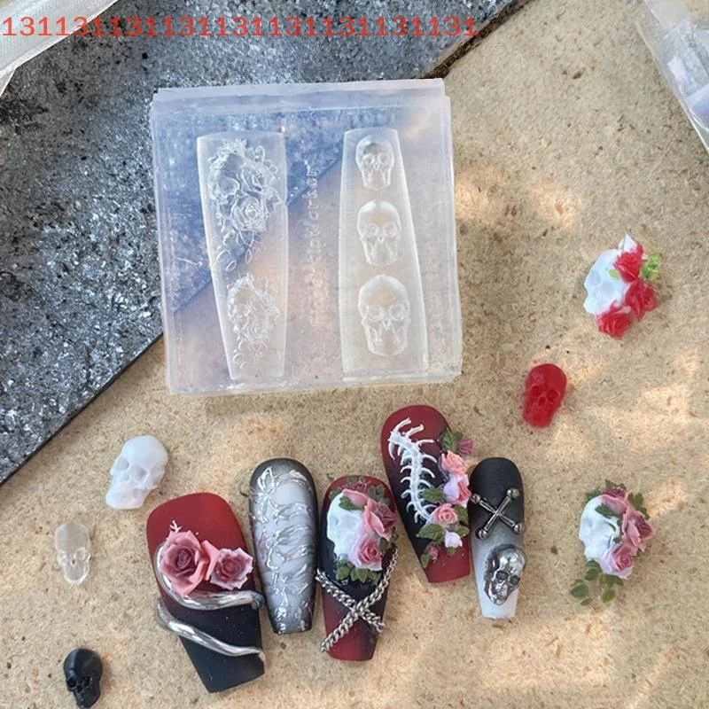 "قالب سيليكون زهور لفن الأظافر، قالب شفاف على شكل جمجمة وردية ثلاثية الأبعاد، أداة تصميم مانيكير DIY للزينة