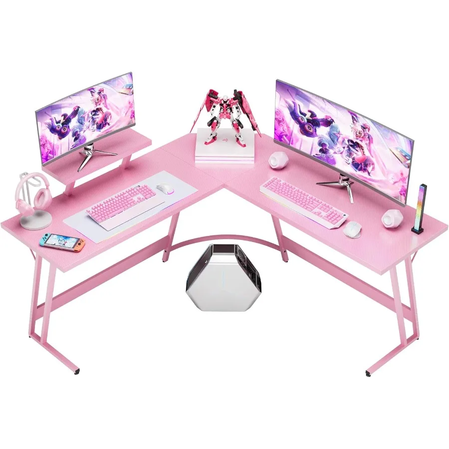Rosafarbener L-förmiger Gaming-Schreibtisch mit großem Monitorständer für Heimbüro, Arbeitszimmer und Schreibarbeitsplatz, geräumiger Eck-Computertisch