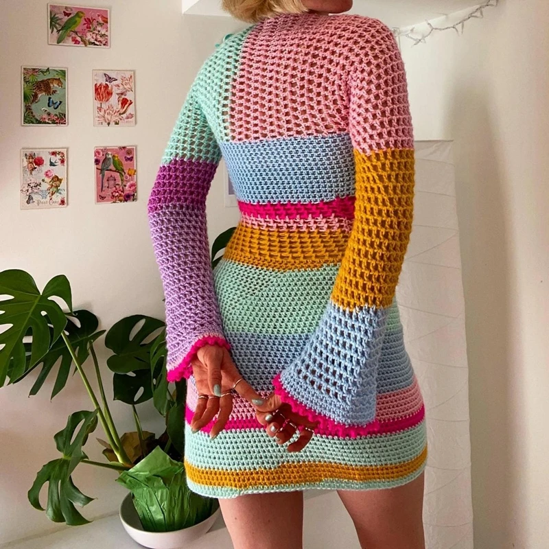 Colorful Patchwork Hollow Out Crochet Mini Dress Chic Women Long Sleeve 90s Vintage Aesthetic Knitted Dress Y2K Fairycore