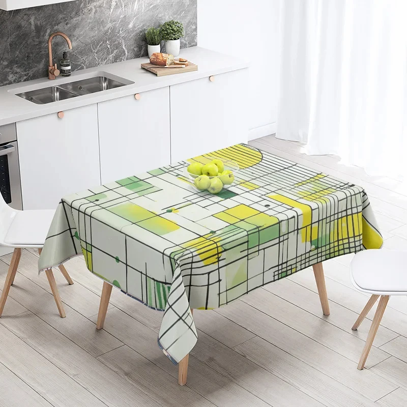 VIKAMA Color Block Abstract Line Tablecloth Modern Art Print Wrinkle Resistant Waterproof Table Cover For Daily Dinner Decor