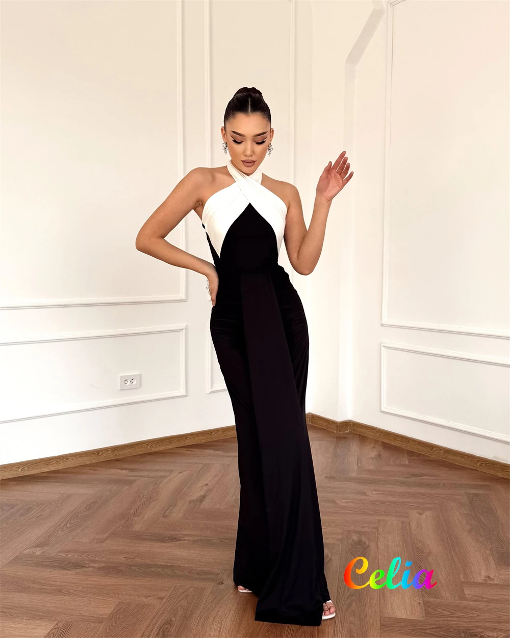 Abito da sera elegante in jersey nero a sirena personalizzato Abiti da cerimonia senza maniche con scollo all'americana formale Vestido De Fe di lusso