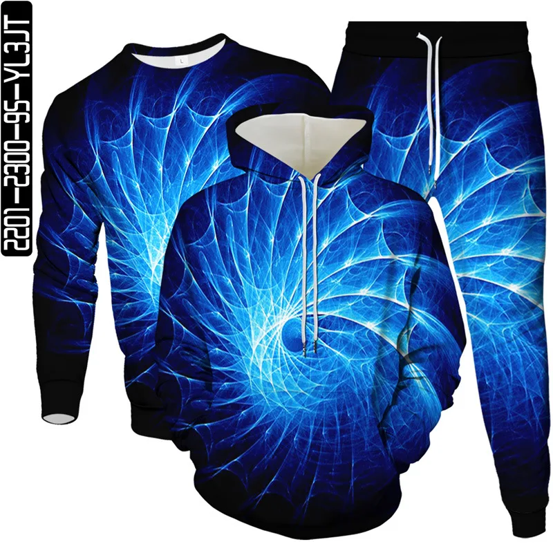 Men Large Size 3 Piece Set Hoodies Sweatshirt Jogging Pants Colorful Vortex 3D Print Male Outdoor Tracksuit Casual Clothes Suit