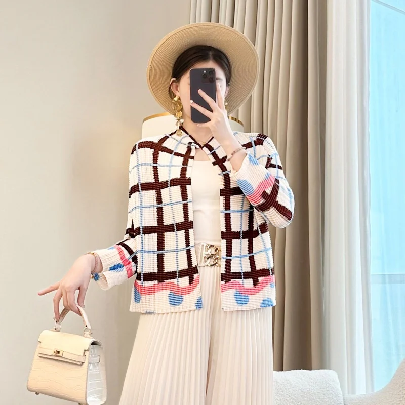 

Miyake корейский классический кардиган с принтом, топ, летние новые свободные повседневные плиссированные рубашки для женщин, новинка 2025 года, солнцезащитная одежда