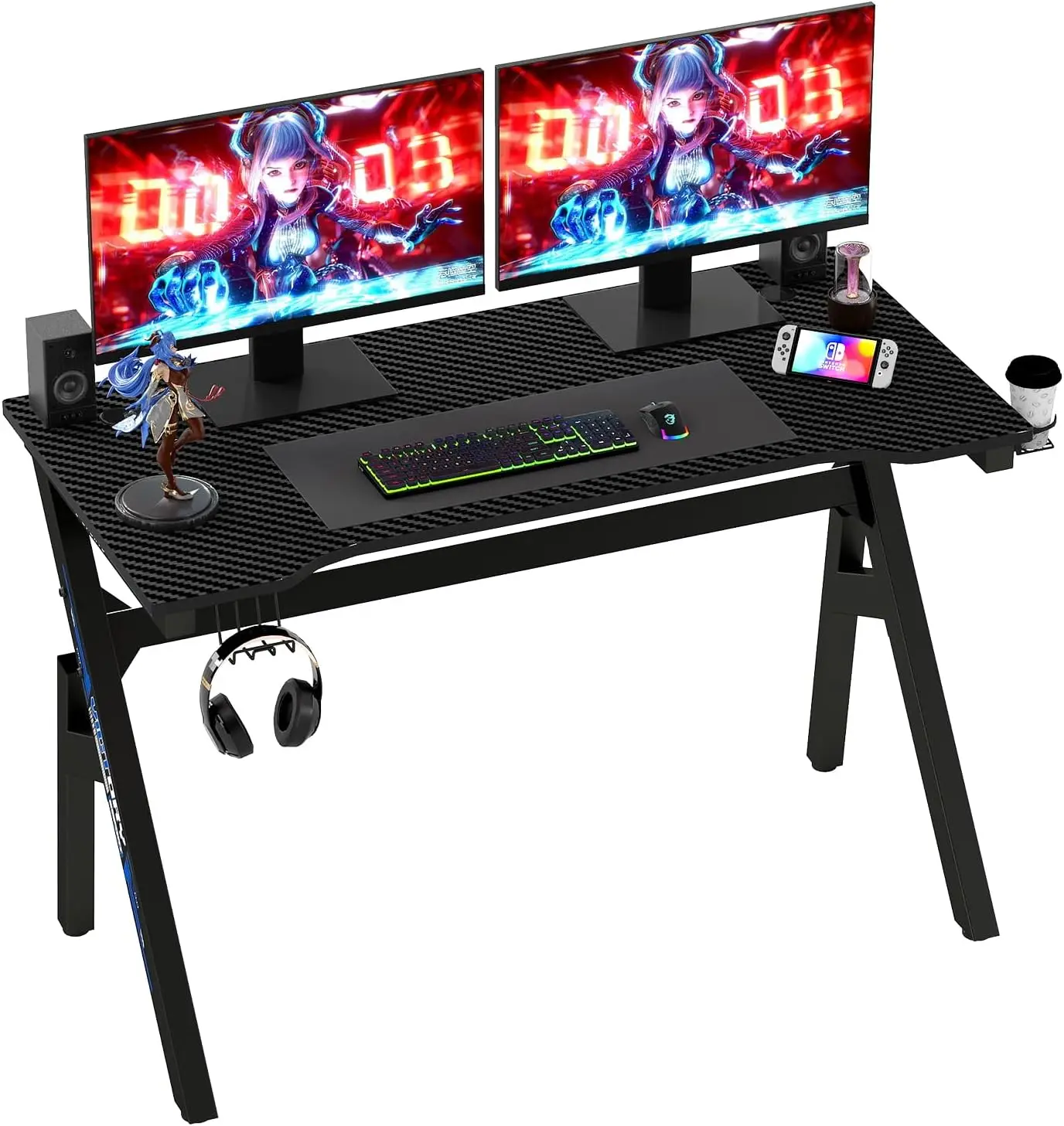 

47-Inch Gaming Desk with Carbon Fiber Texture, Cup Holder & Cable Management - Ideal for Home Office