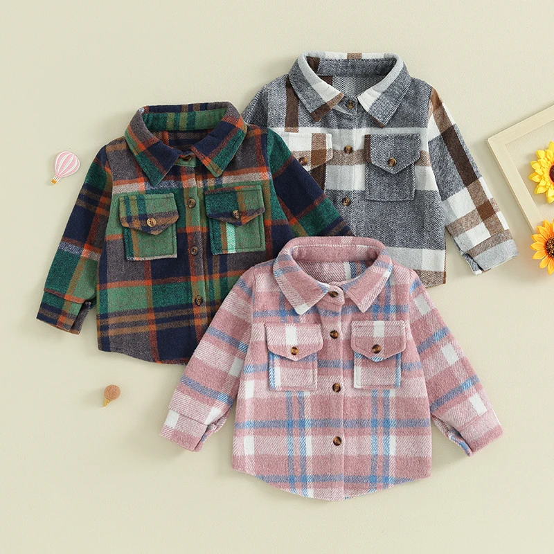 FOCUSNORM 0-4Y Toddler Kids Boys Girls Wool Jackets 3 Colors Long Sleeve Plaid Print Flannel Button Down Shirts Coats