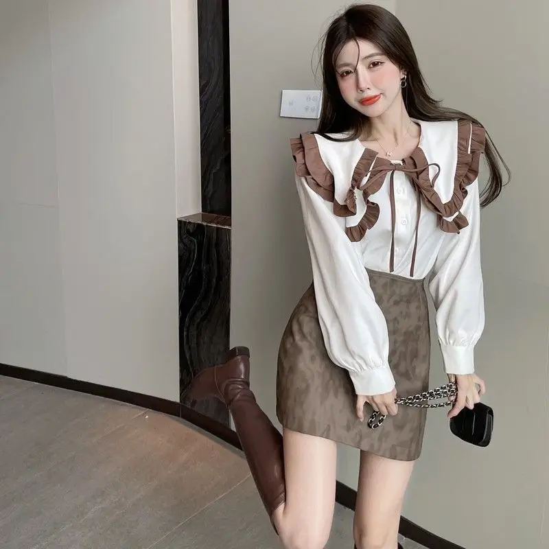 Autumn Winter Peter Pan Collar Korean Patchwork Blouse Women Clothing Sweet Buttons Loose Long Sleeve Shirts Femme Ruffles Tops