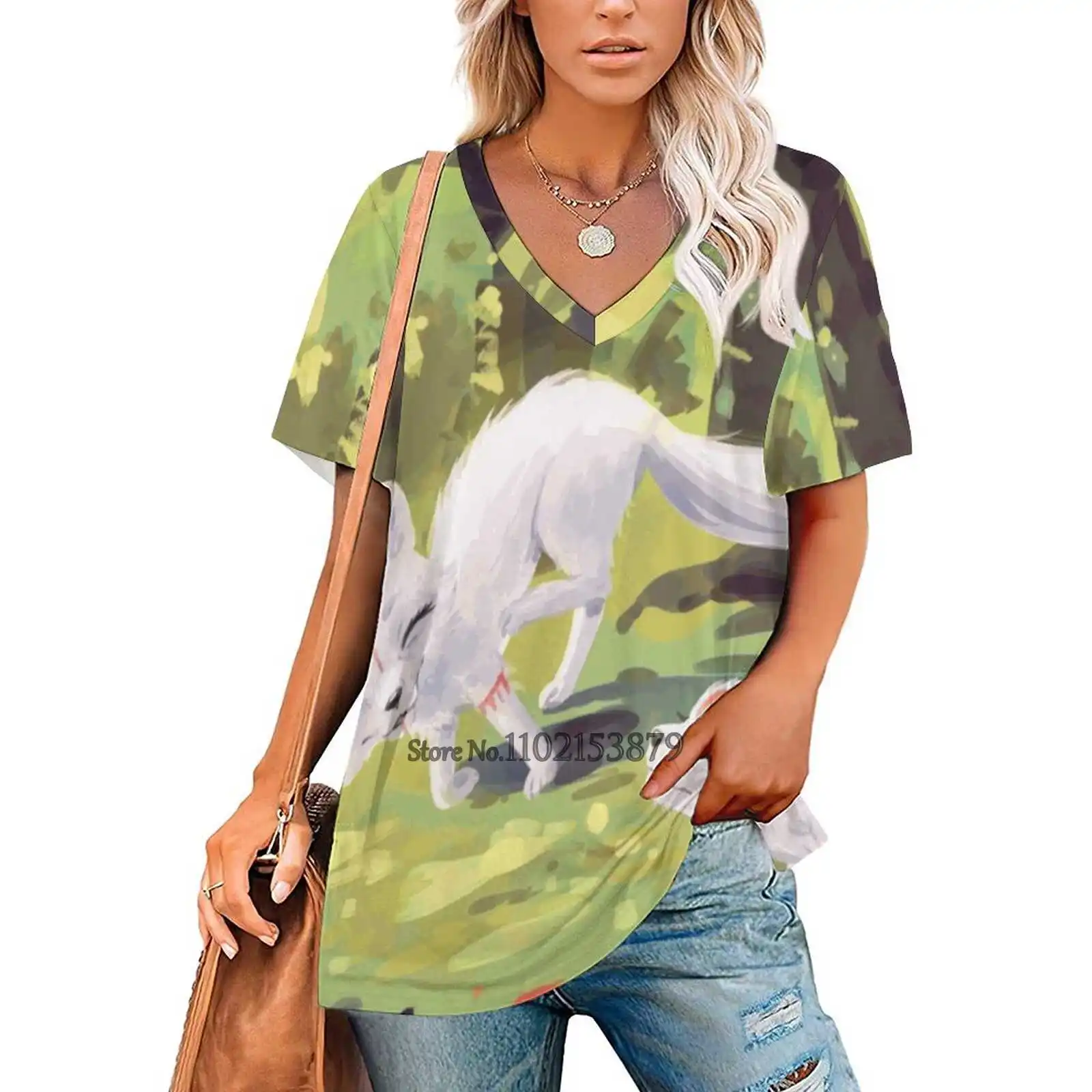 Follow Me Women's T-Shirt Casual Short Sleeved Tops V-Neck Zipper Tee Ladies Loose T Shirts Cute Little Fox Cub Forest Day Fur