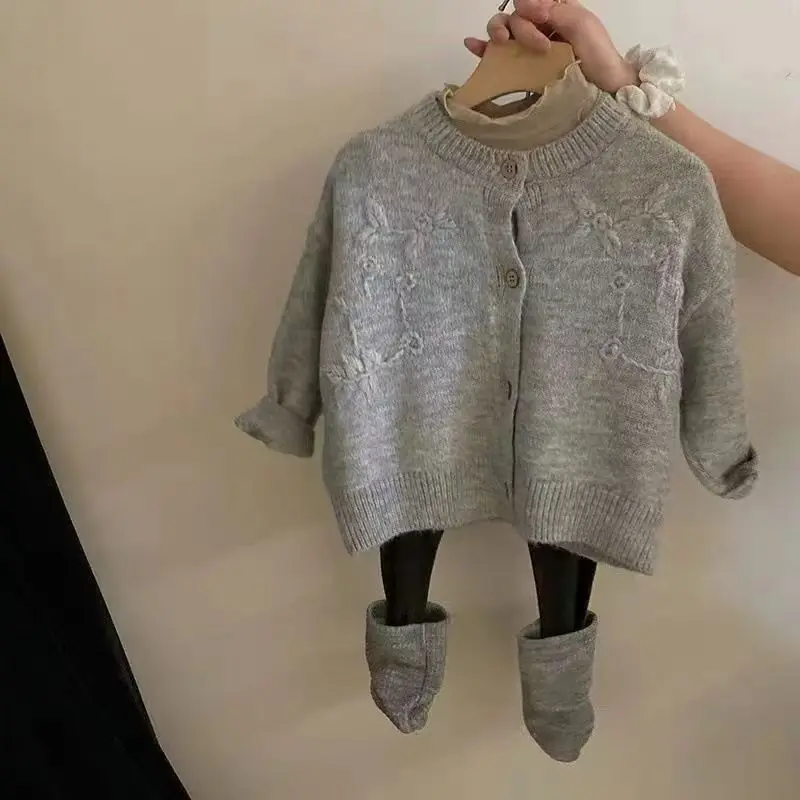 

Girls' Sweater Autumn New Korean Edition Children's Knitted Cardigan Coat Elegant Baby Solid Color Top