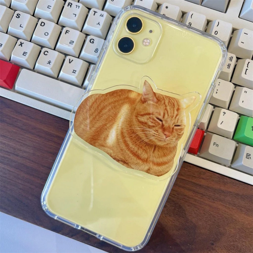 Korean Cute Funny Orange Cat Griptok Bracket For iPhone Korea Universal Cartoon Kitty Phone Holder Ring Support Stand Grip Tok