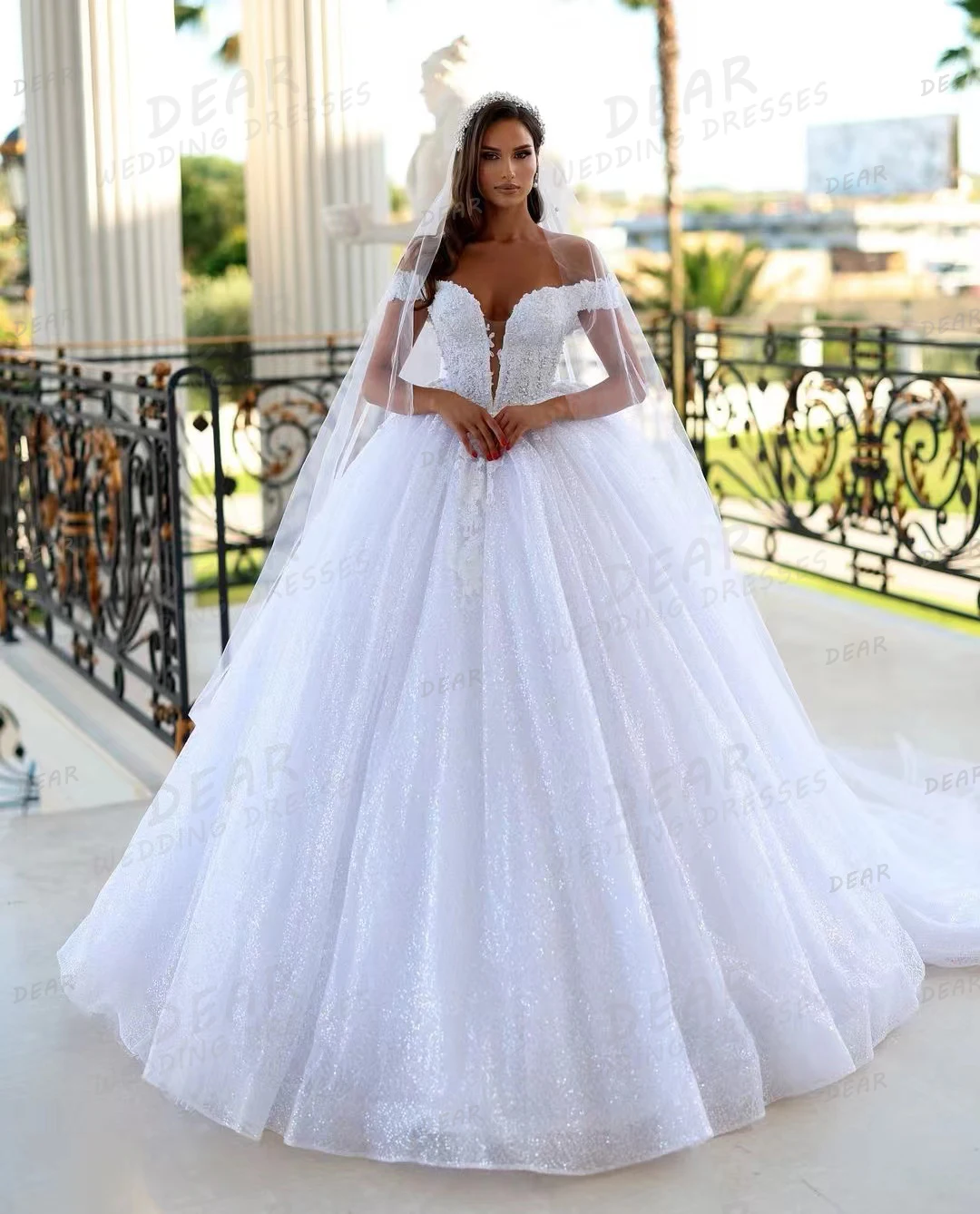 Vestidos de casamento requintados para mulheres, vestidos de noiva fora do ombro, linha A, apliques profundos sexy, princesa, querida